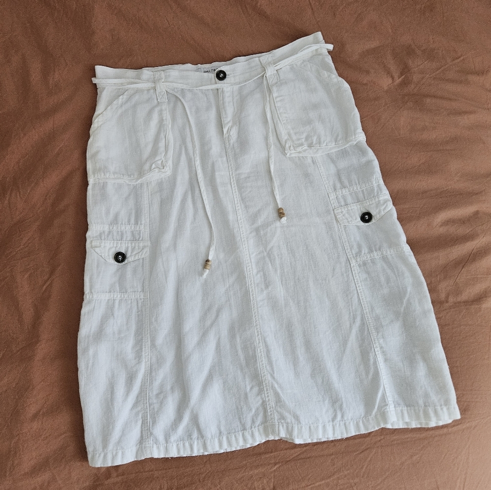 ZARA Linen Blend White Midi Skirt with Button Details